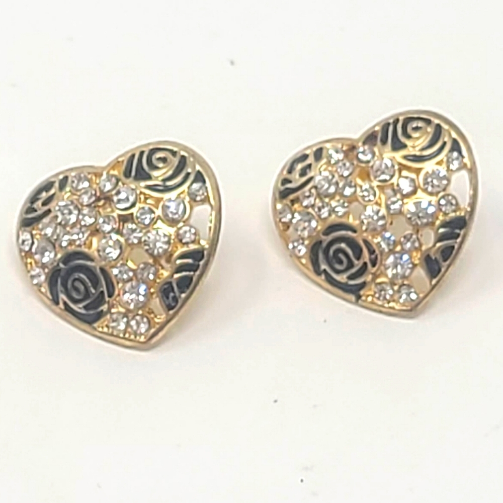 Vtg‎ heart shape gold tone stud earring rhinestones enamel romantic valentine